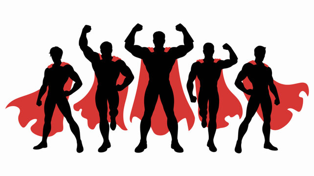 Superhero silhouettes with red capes against a white background dynamic poses high quality professional detailed modern