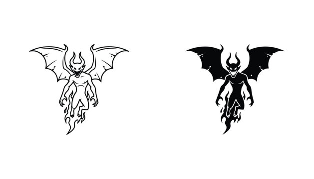 Fierce winged devil character vector graphic featuring detailed line art and solid black silhouette for fantasy concept art