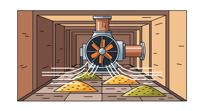 Large fan ventilates four piles of drying grain inside a brown, multi-layered tunnel