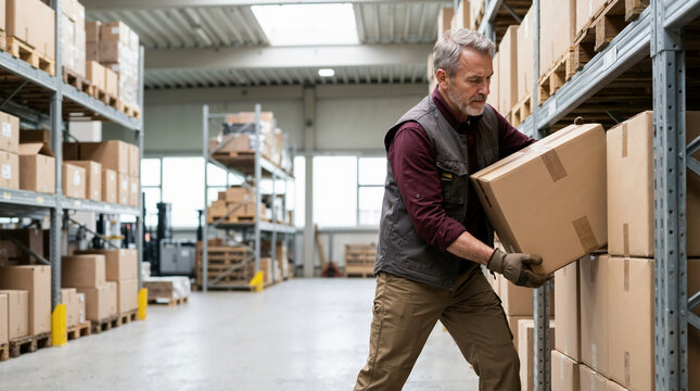 Mature male warehouse worker lifting a heavy cardboard box. Senior man in work gloves stacking packages on a shelf in a large industrial storage facility. Logistics and inventory management