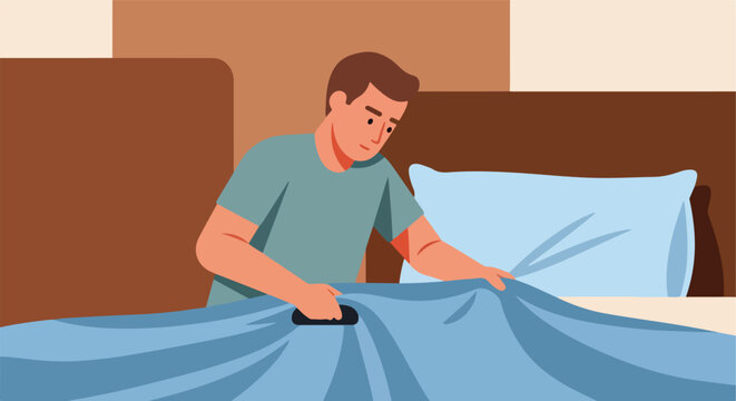 Man in blue t-shirt making a bed, smoothing blue sheets and duvet with hands
