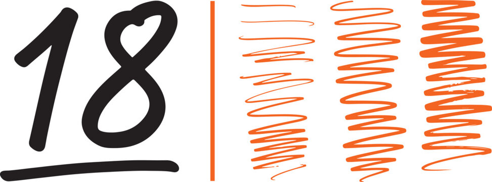 Hand drawn number eighteen with orange marker scribbles and vertical divider. Representing legal adulthood, eighteenth birthday celebrations, and creative tallying concepts