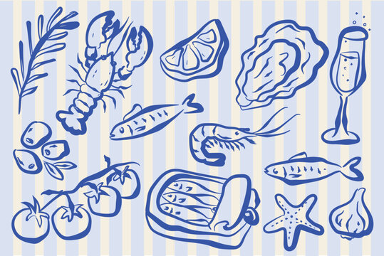 Seafood Mediterranean Food Doodle Sketch Set Vector