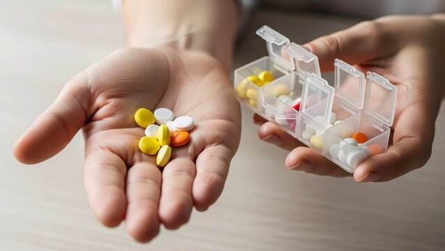 Close-up of a person's hand holding colorful pills with a transparent pillbox in the background on a neutral surface for medical healthcare and medication management