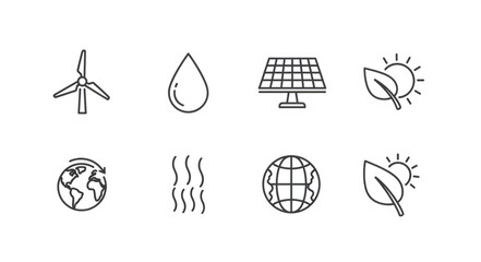Set of clean energy icons including wind turbine solar panel and earth. © Rehan