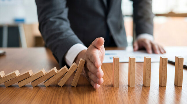 Businessman's hand prevents falling wooden dominoes from knocking over standing ones, symbolizing risk control and crisis management on a wooden desk
