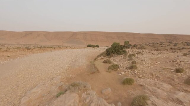 FPV drone flight along dirt track through dry, rocky canyon in desert near Tan-Tan, Morocco. Aerial