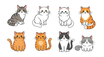 Fototapeta premium Collection of cute cartoon cats and kittens in various colors and patterns including ginger, tabby, white, and bicolored designs.