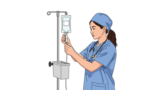 Medical professional wearing blue scrubs and a surgical cap carefully adjusting a saline solution bag on an intravenous drip stand.
