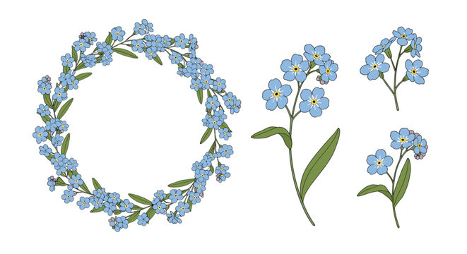 Set of blue forget-me-not flowers including a decorative wreath and individual stems with delicate petals and green leaves.