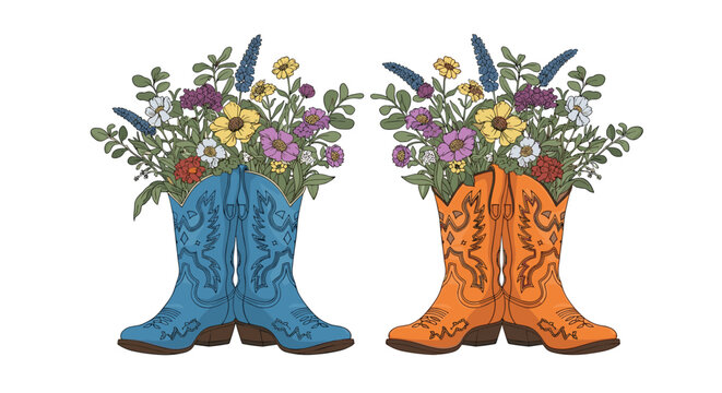 Artistic illustration of blue and orange cowboy boots filled with a vibrant bouquet of colorful wildflowers on a plain surface.