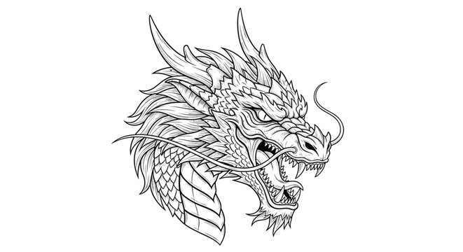Detailed black and white line drawing of a powerful dragon head with open jaws, inspired by traditional Asian mythological art.