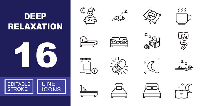Deep relaxation line icon set. Vector pictograms of book, sleeper, mask, tea, bed, sofa, armchair, nap, medicine, capsule, moon, dreamer, mattress, headboard. Editable stroke.