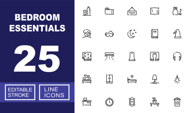 Bedroom Essentials line icon set. Vector pictograms of water, blanket, toilet, pillow, vitamins, snoring, mask, night, book, nightcap, mattress, air, bell, cushion, headphones. Editable stroke.