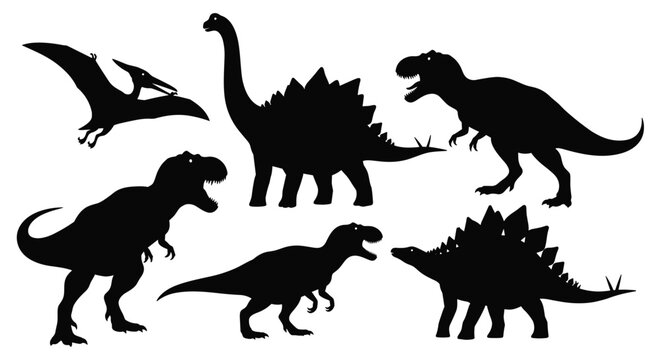 Silhouette collection of various prehistoric dinosaurs including T-Rex and Stegosaurus in solid black on a white background.