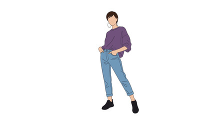 Naklejka premium Modern fashion illustration of a young woman with short hair wearing an oversized purple sweater and cuffed light blue denim jeans.