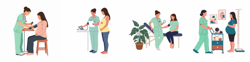 Obraz premium Illustration set of a pregnant woman receiving prenatal medical checkups from a nurse, including blood pressure monitoring and physical examinations.