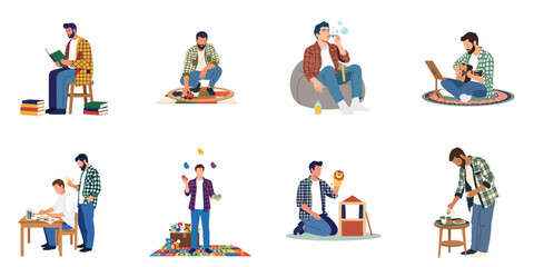 Fototapeta premium Collection of flat illustrations showing men enjoying different indoor hobbies, creative activities, and fatherhood moments on a white background.