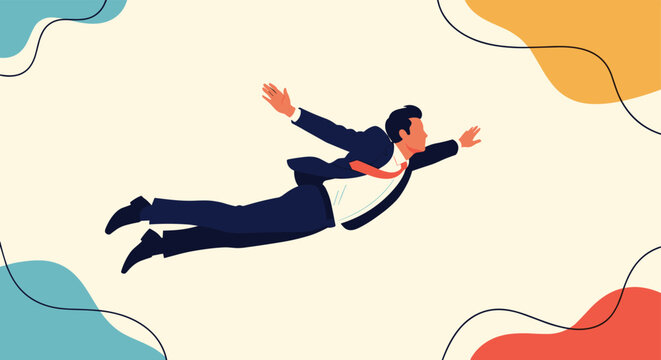 Dynamic illustration of a businessman in a suit flying or soaring through the air against a background of colorful abstract flowing shapes.