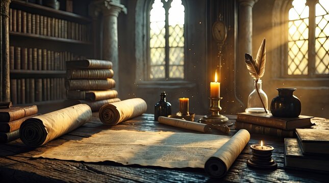 Medieval Study Room with Ancient Scrolls and Lit Candles
