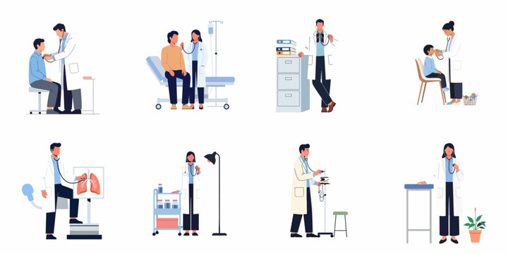 Collection of medical professionals and doctors examining patients in a clinic using stethoscopes and medical equipment in flat illustration style.