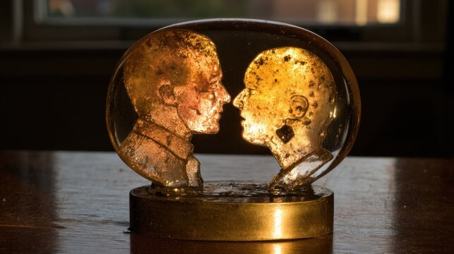 Golden human skulls in glass orb on wooden table with soft lighting