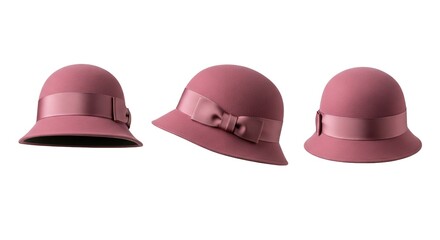 Fototapeta premium Vintage pink cloche hat with ribbon and bow shown in three views for retro fashion accessory