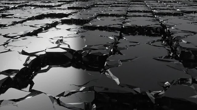 Dark Fractured Surface In Monochrome 3d Style Breaking Apart With Sharp Reflective Edges Under High Contrast Light