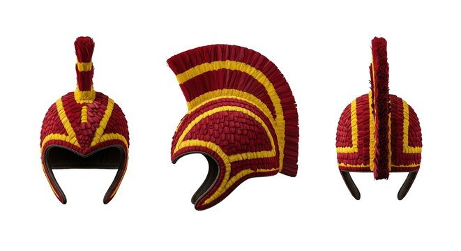 Traditional hawaiian mahiole feather helmet with red and yellow colors for ali'i chief warrior