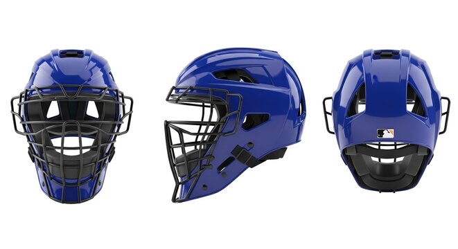 Blue baseball catcher's mask helmet with face cage from three different views for sport gear