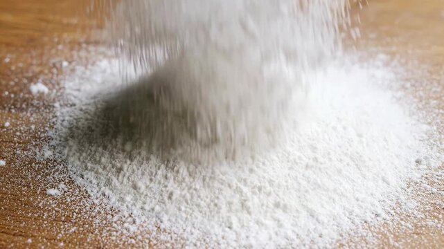 White flour falling onto a pile on a wooden table. Close-up of baking ingredients being prepared in a kitchen. Homemade cooking and food preparation concept