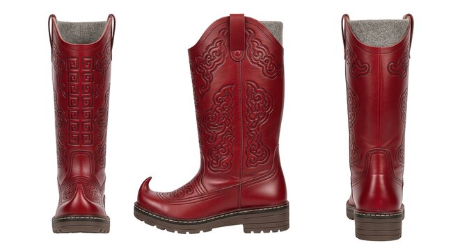 Traditional red Mongolian leather boot with ornamental pattern and upturned toe a folk footwear