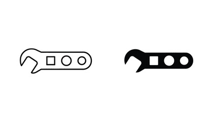 Adjustable monkey wrench tool icon set in line art and solid black styles for home repair construction maintenance plumbing and mechanic industry professional equipment and hardware store branding © Fluid
