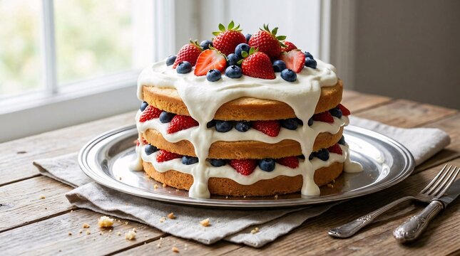 Layered strawberry and blueberry shortcake on a shiny silver platter features dripping whipped cream in soft light on a rustic wooden desk.