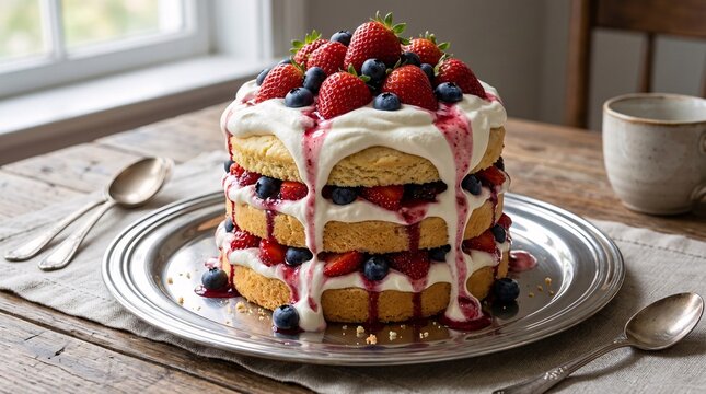 Layered strawberry and blueberry shortcake on a shiny silver platter features dripping whipped cream in soft light on a rustic wooden desk.