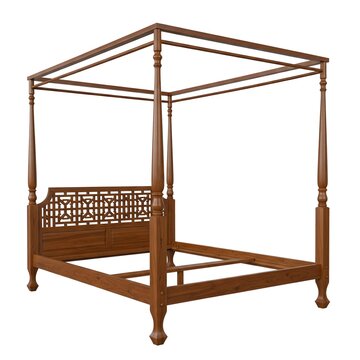Wooden canopy bed frame with tall posts and geometric headboard representing classic furniture