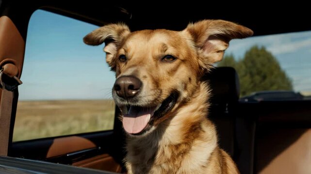 Brown dog looking out a car window during a road trip. Pet traveling in a vehicle with ears flapping in the wind. Animal adventure concept