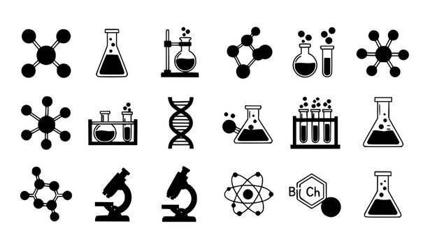 Science lab icons vector flat 16 set DNA molecule microscope illustration
