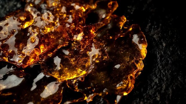 Close-up of golden amber resin on a dark textured surface. Translucent cannabis shatter extract detail. Honey-like concentrate material