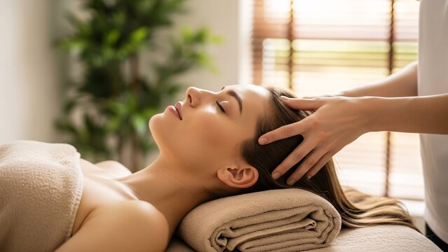 Relaxing woman receiving a soothing massage in a tranquil spa setting with soft natural light and calming ambiance for wellness and self-care