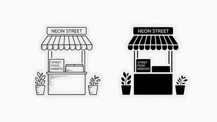Obraz premium Street food market stalls with plants on neon street black and white illustration
