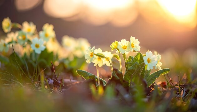 Sun-kissed primroses glow amid grass. Warm, blurred background creates a serene, golden scene