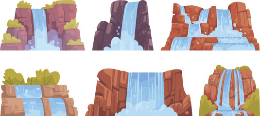 Waterfalls collection set, natural mountain cascades illustration, landscape vector for nature and outdoor adventure theme © Sume