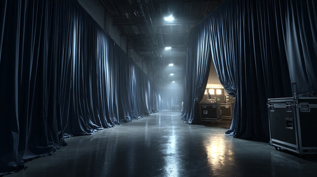 dark executive backstage corridor, premium stage-access area. 
