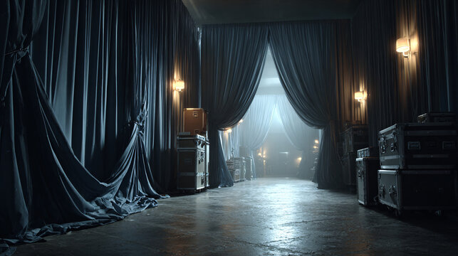 dark executive backstage corridor, premium stage-access area. 