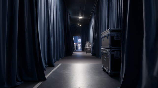 dark executive backstage corridor, premium stage-access area. 