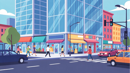 City street with people walking and cars. © Asuu