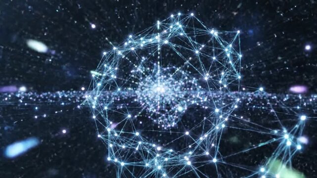 Digital Glowing Plexus Network Sphere Rotating In Dark Cyber Space Background With Blue Light Connectivity Nodes