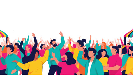 Diverse crowd of people celebrating with raised hands at music festival or community street event. © Sohag_36