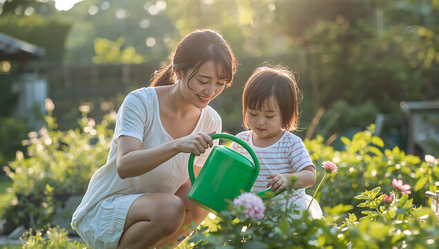庭で親子で水やりを楽しむ日本人のあたたかなガーデニング風景